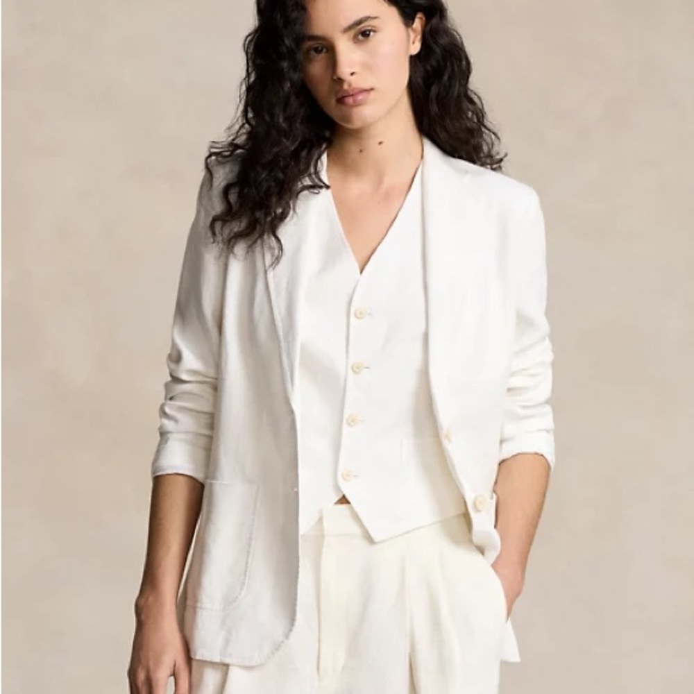 Vintage 90s Ralph Lauren Blue Label 100% White Linen Made in Italy Blazer Jacket